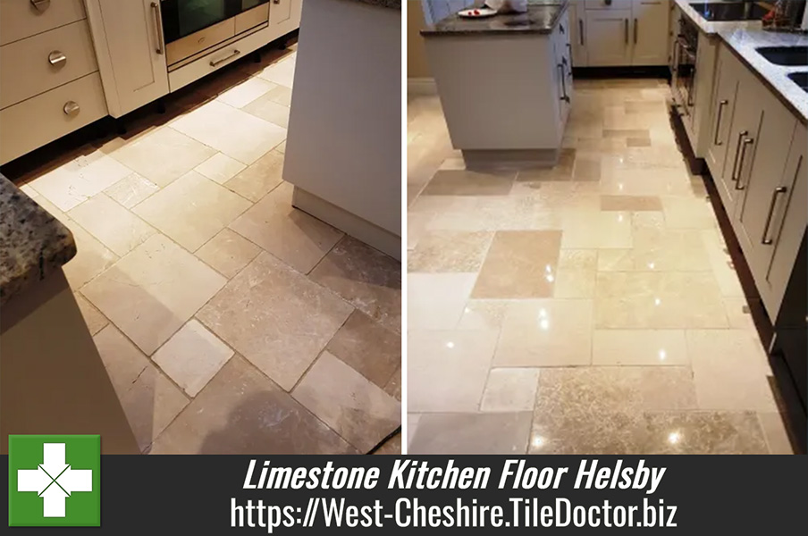 Polishing Limestone Kitchen Floor Tiles in Helsby