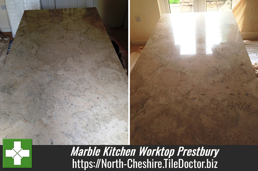 Putting the shine back on a Marble kitchen worktop in Prestbury