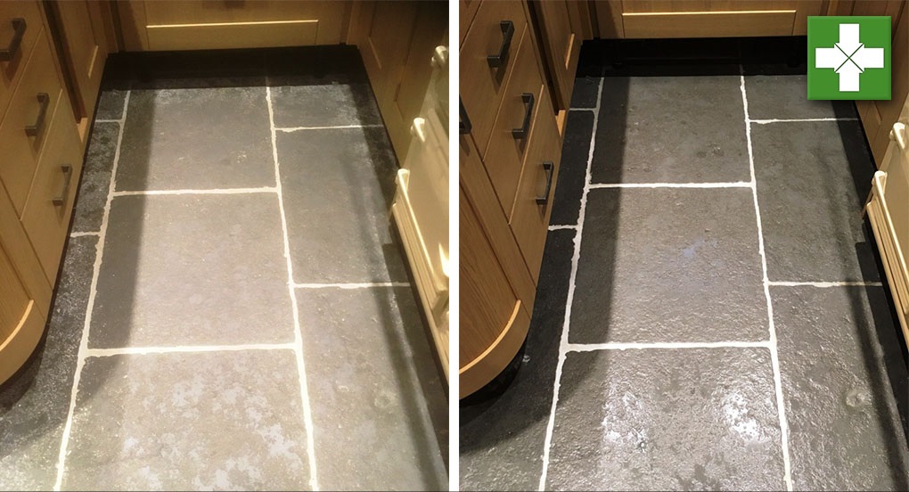 Stone Effect Concrete Kitchen Floor Before and After Cleaning in Arnside